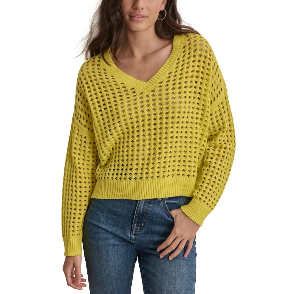 DKNY Women's V-Neck Open-Stitch Cotton Sweater 1