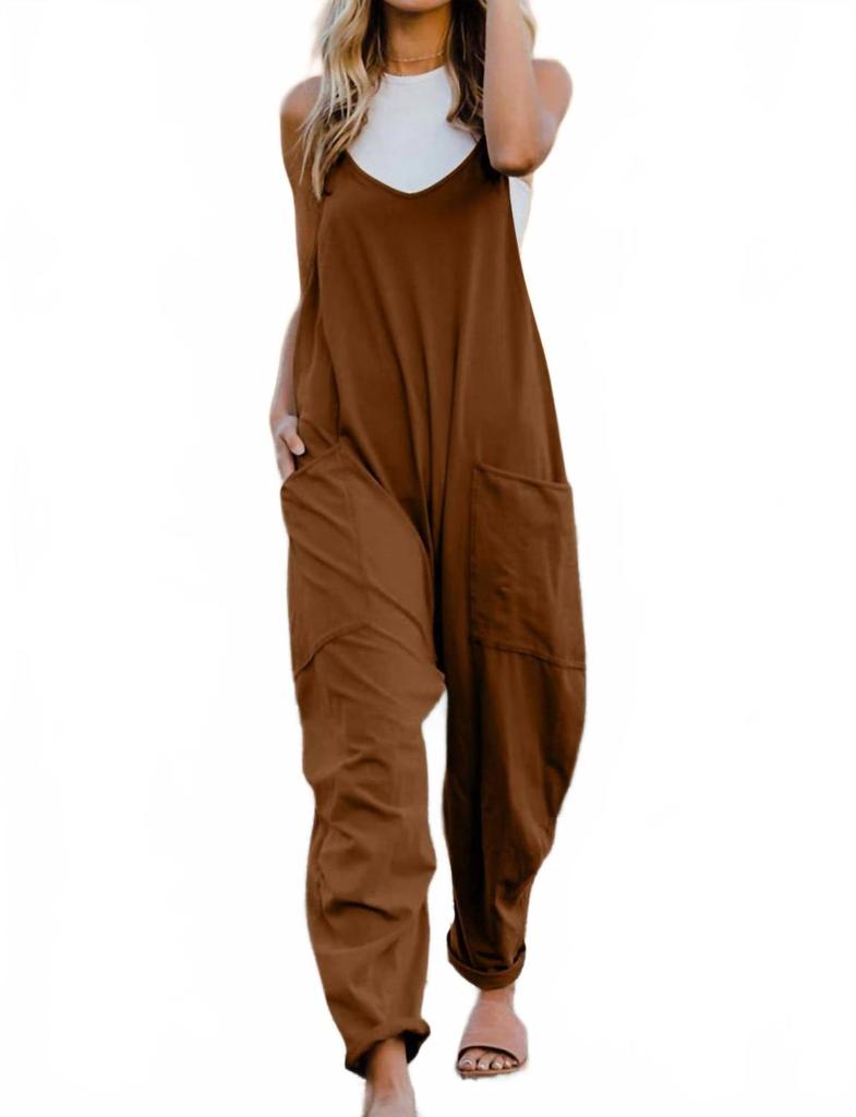 Double Take Full Size V-Neck Sleeveless Jumpsuit With Pockets In Coffee Brown