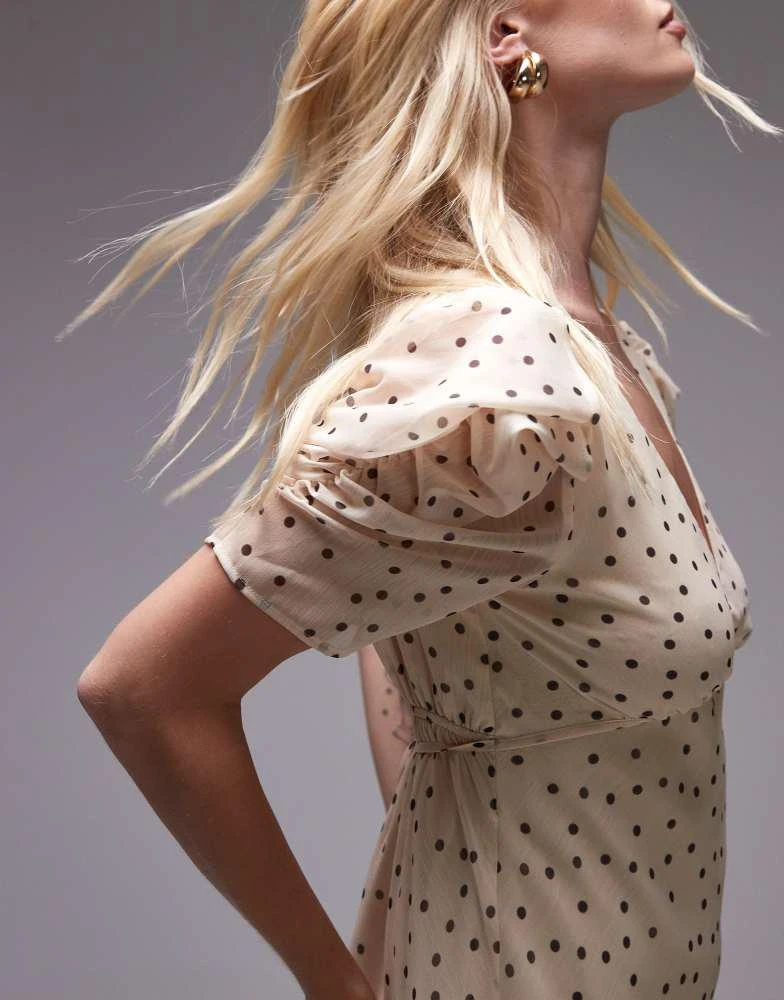 Topshop Topshop pinned sleeve mini tea dress in ecru polka dot 3
