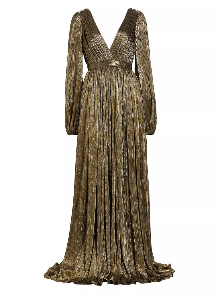 Badgley Mischka Metallic Pleated Georgette Long-Sleeve Gown