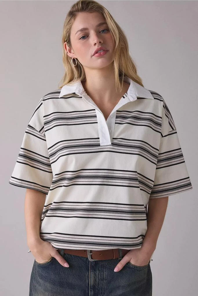 NIA NIA Ronda Oat Striped Oversized Short Sleeve Polo Top