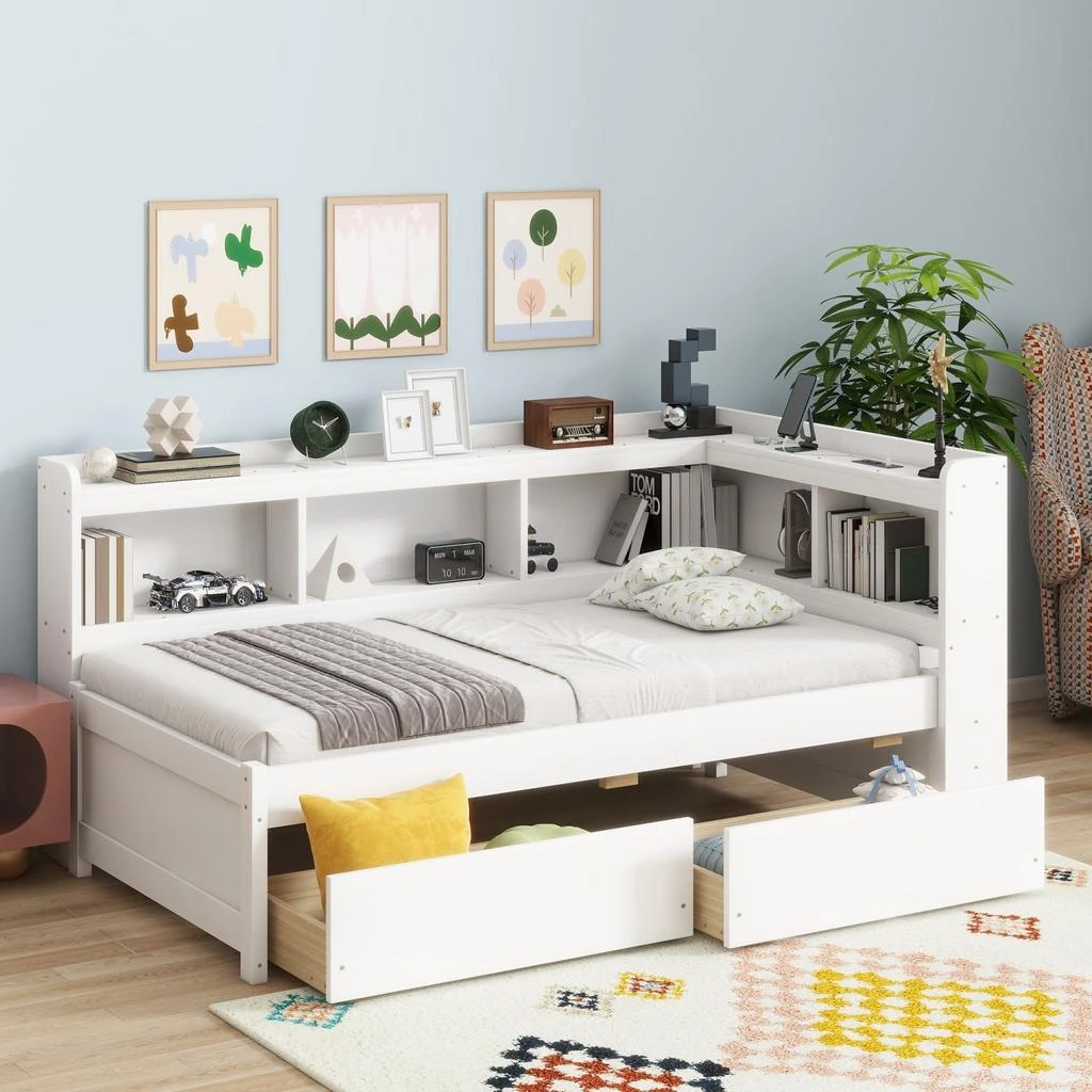 Streamdale Furniture Streamdale Twin L-Shaped Bookcase Bed with Outlets 
Drawers - White 2
