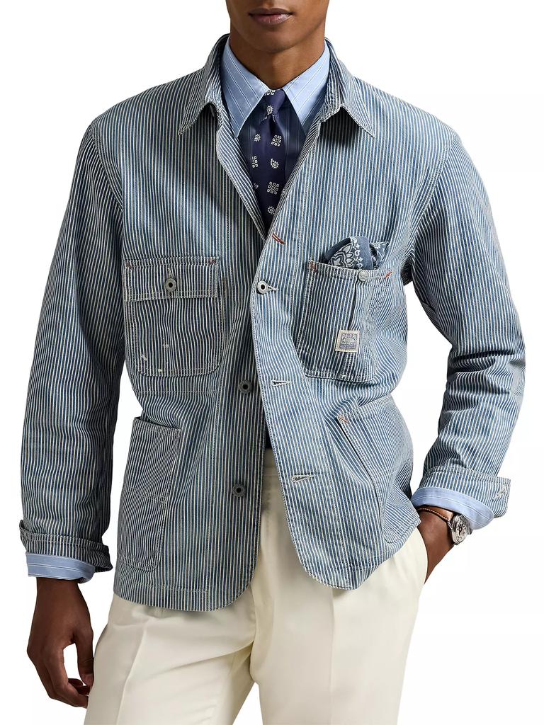 Shop Indigo Hickory-Stripe Utility Jacket on Sale at BeyondStyle