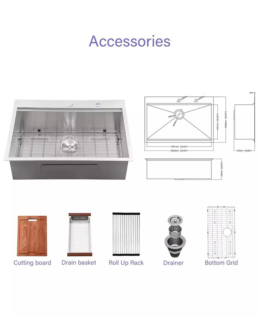 Flynama 33x22x10inch Drop In Kitchen Sink Stainless Steel Workstation Single Bowl 16 Gauge Topmount 8