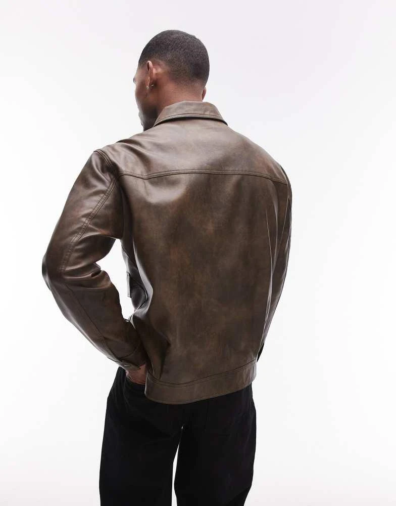 Topman Topman faux leather jacket with front pockets in brown 4