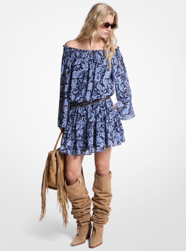 Michael Kors Paisley Georgette Off-The-Shoulder Dress