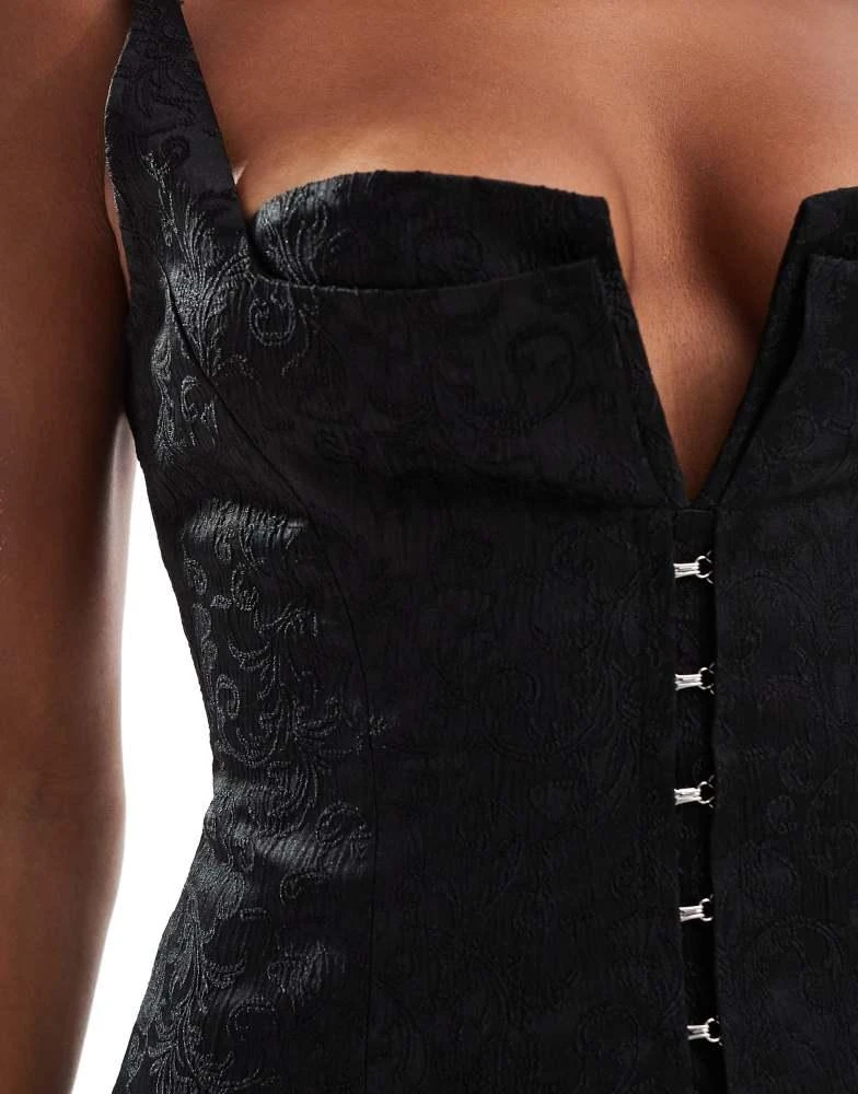 Murci Murci hook and eye plunge neck a-line mini dress in black jacquard 2