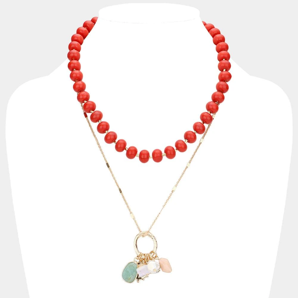 FASHNZFAB Natural Stone Shamballa Ball Ship Heel Pendant Double Layered Necklace