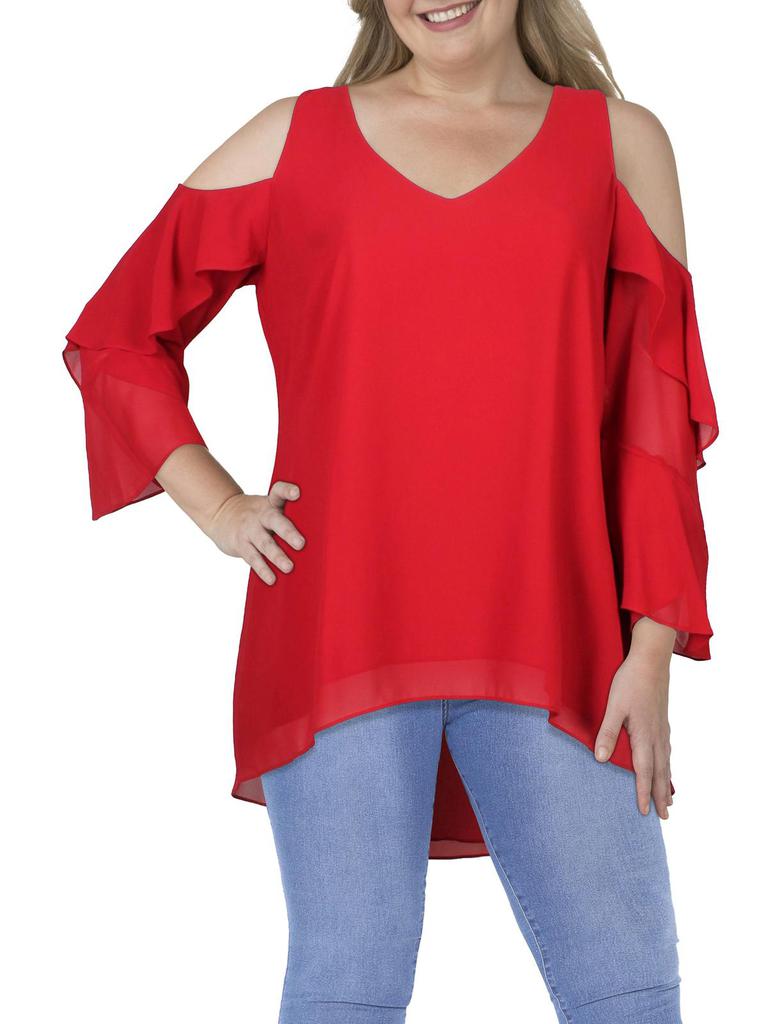 City Chic Plus Womens V-Neck Cascade Ruffle Cold Shoulder