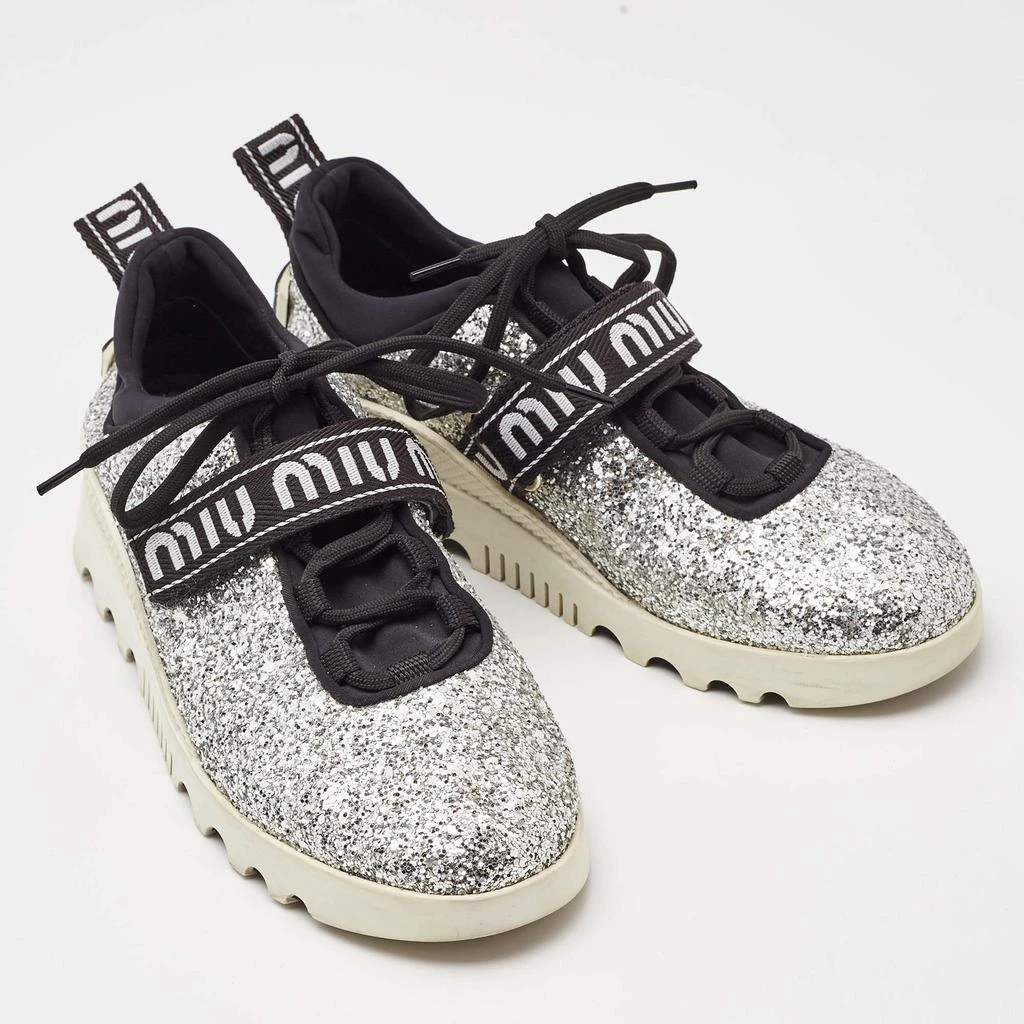 Miu Miu Miu Miu Silver Fabric and Glitter Lace Up Sneakers Size 37 4