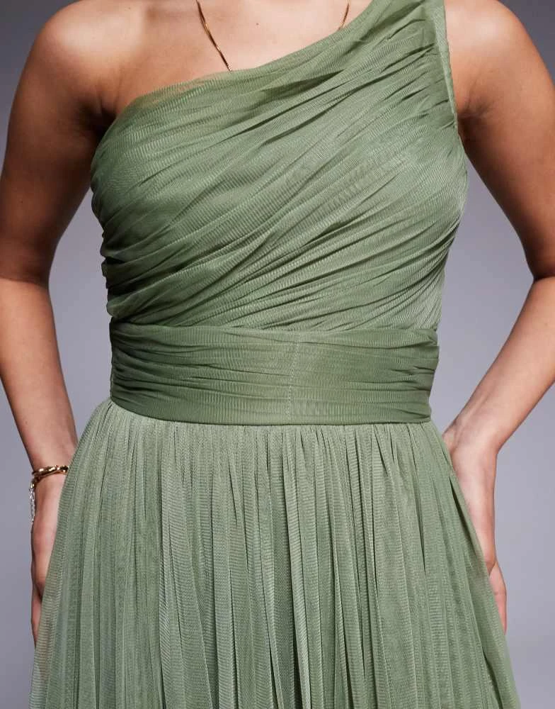 Lace & Beads Lace & Beads Bridesmaid one shoulder maxi dress in soft olive 3