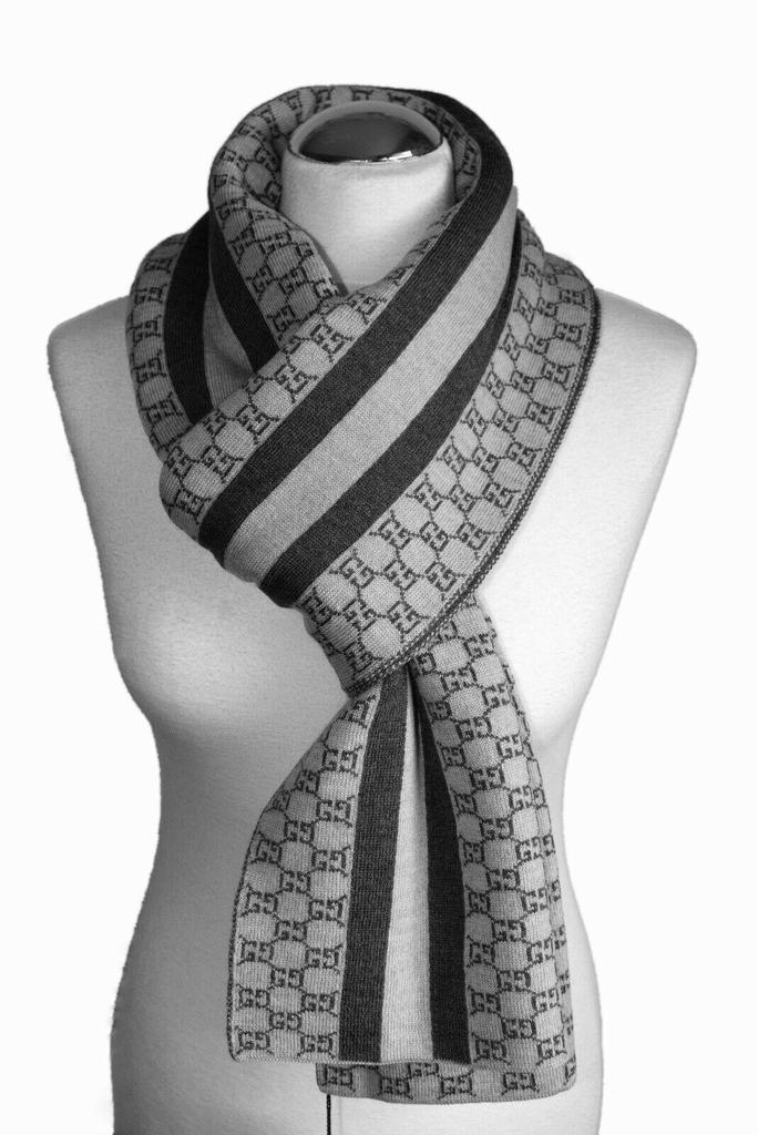 Gucci Gucci - Grey/Black GG Monogram Web Stripe Wool Scarf