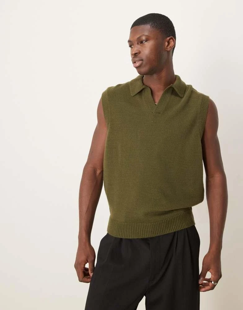 ASOS ASOS DESIGN relaxed boxy fit sleeveless knitted polo in khaki 1