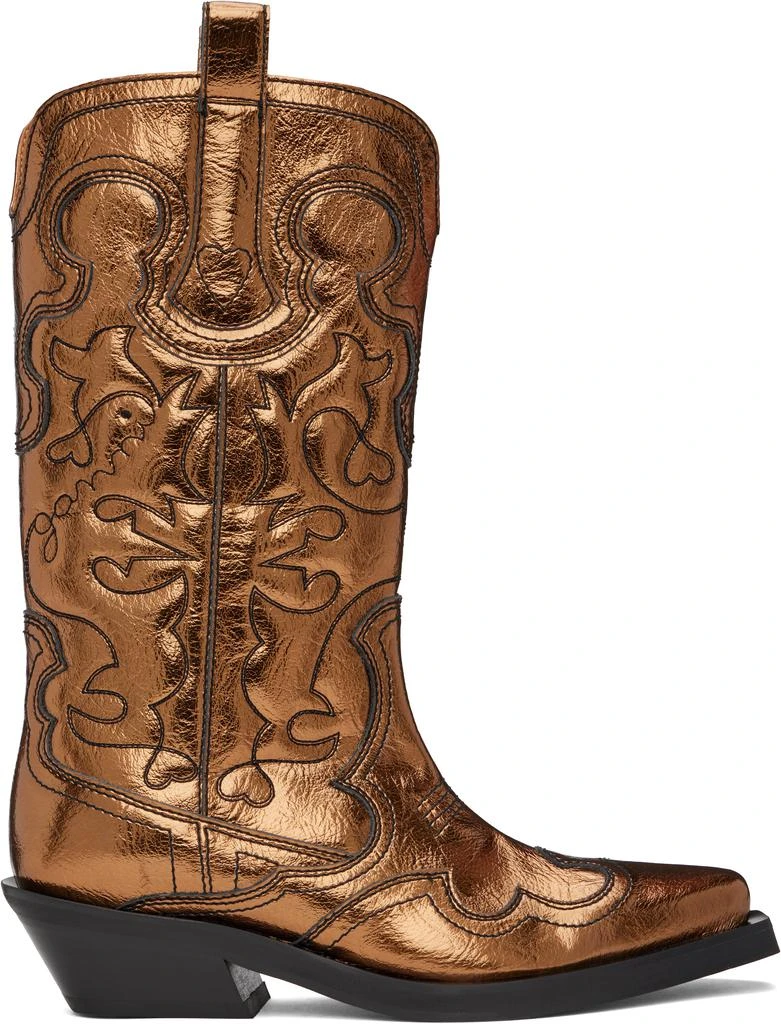 Ganni Gold Mid Shaft Embroidered Western Boots 1