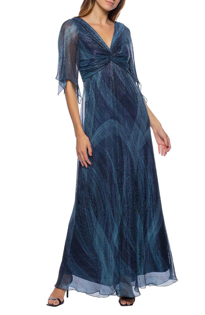 MARINA Metallic Flutter Sleeve Dress