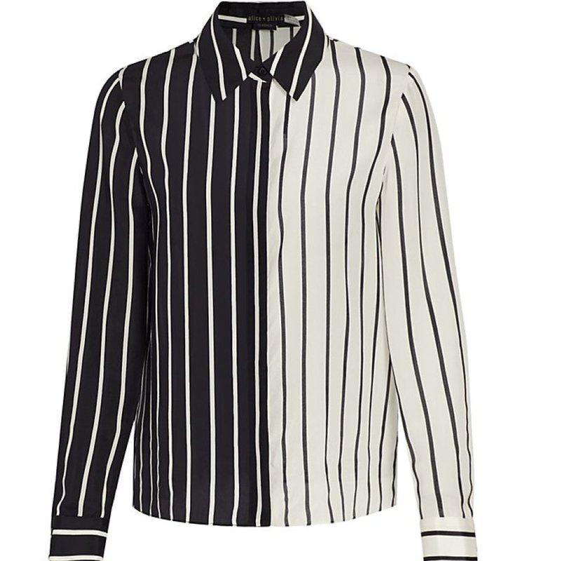 alice + olivia Alice + Olivia Women's Willa Placket Palazzo Black White Striped Silk Blouse