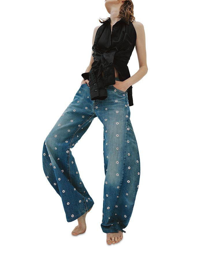 A.W.A.K.E. Mode Studded High Rise Barrel Jeans in Blue Denim