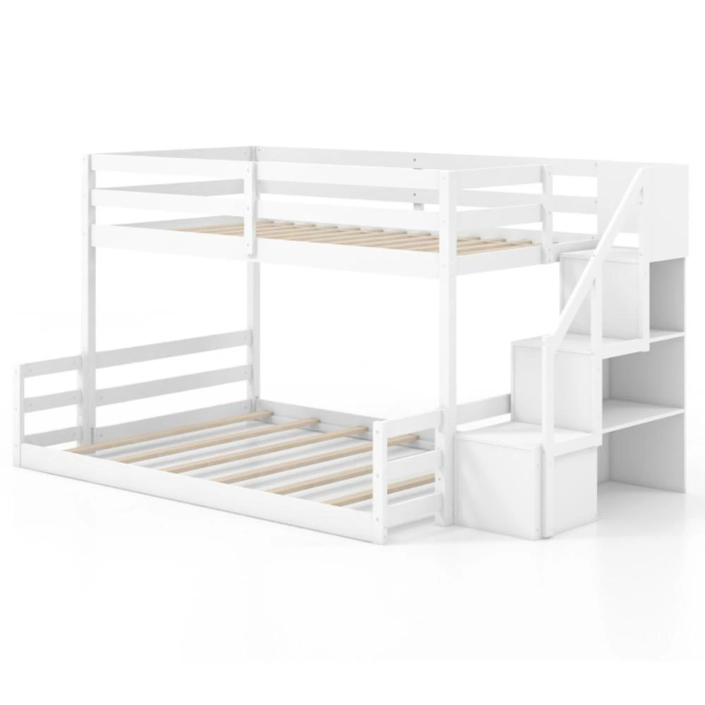 Hivvago Solid Wood Twin Over Full Low Bunk Bed with Storage Stairs-White
