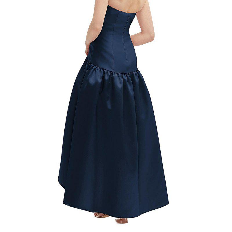 Alfred Sung Strapless Fitted Satin High Low Dress With Shirred Ballgown Skirt D851