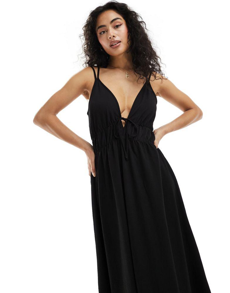 Y.A.S. Y.A.S  textured double strap tie front cami maxi dress in black