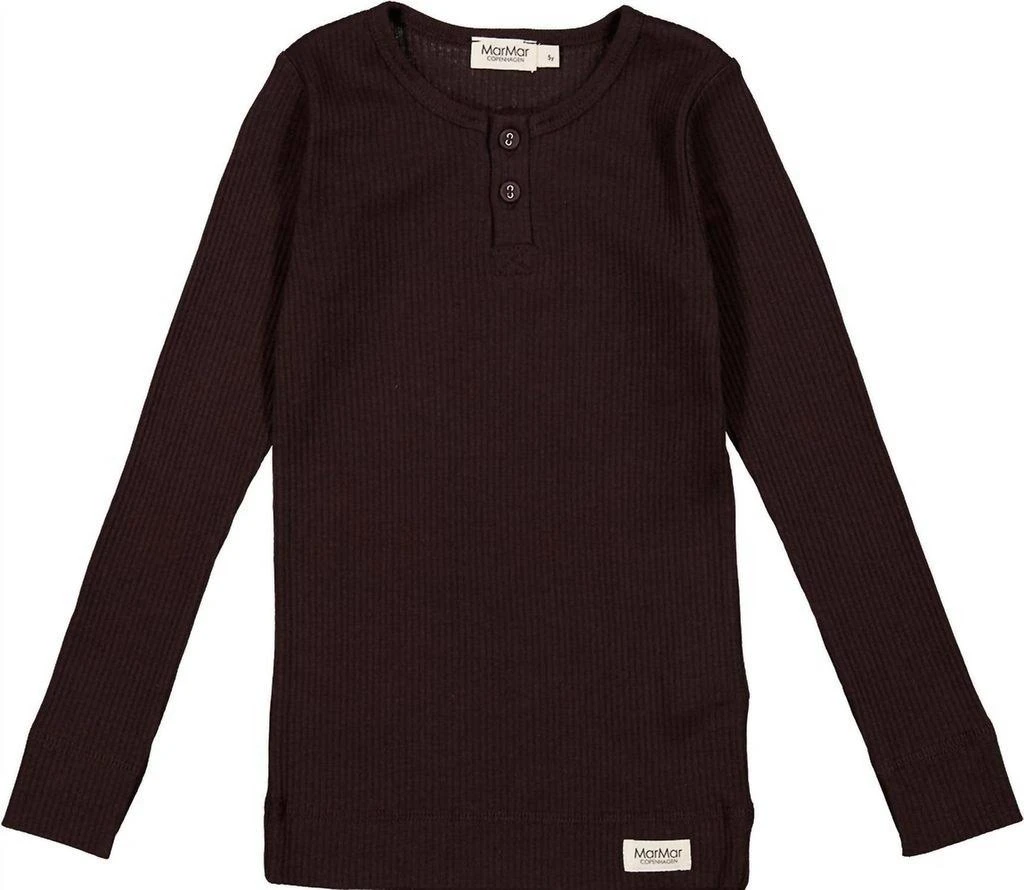 MarMar Copenhagen Boys Ribbed Long Sleeve Henley Shirt In Dark Chocolate 1