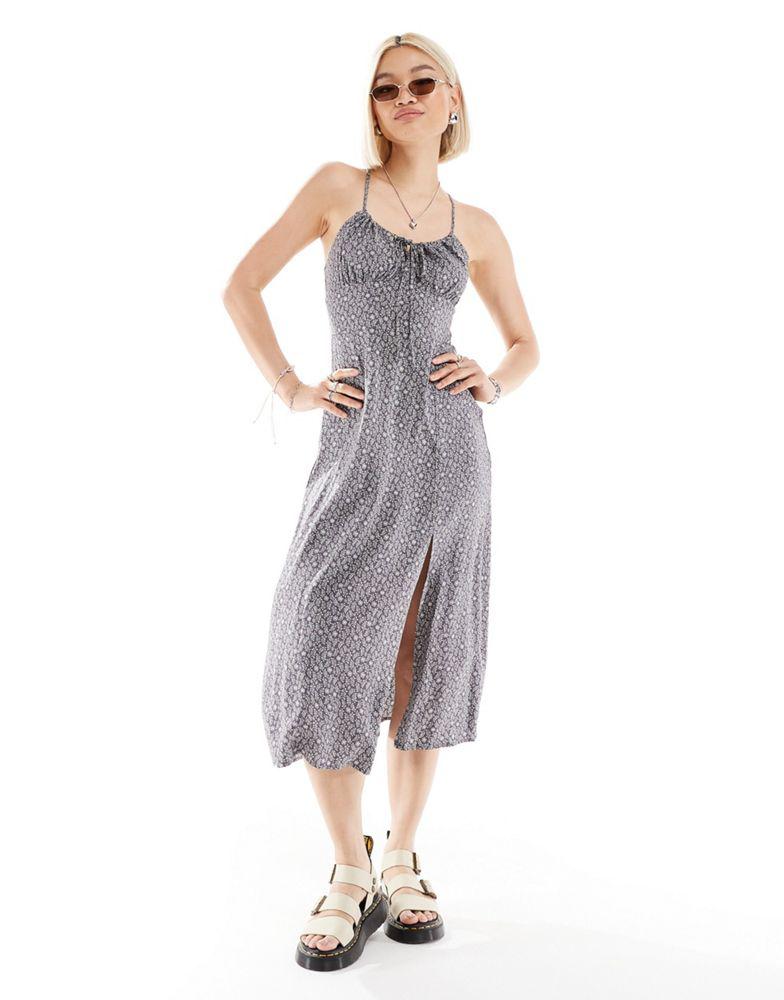 Daisy Street Daisy Street cross-back strap ruched bust midi dress with split in grey ditsy