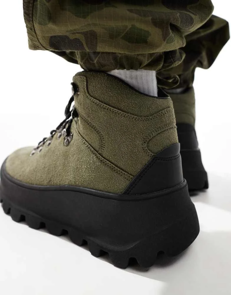 ASOS ASOS DESIGN lace up hiker boot in khaki with chunky sole 2