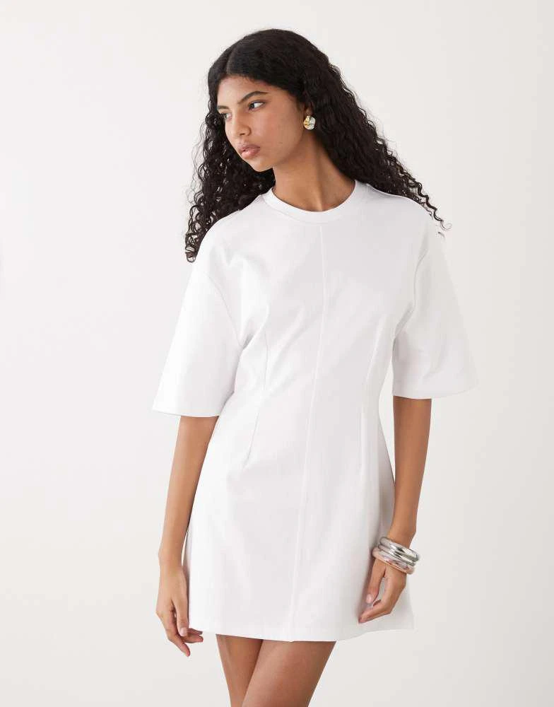 Monki Monki structured cinched waist t-shirt mini dress in white 2
