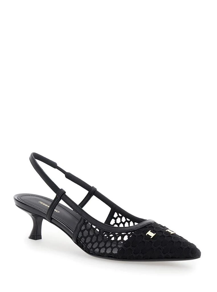 Salvatore Ferragamo 'Clizia' Black Slingback Pumps With Logo Detail In Mesh And Leather Woman 1