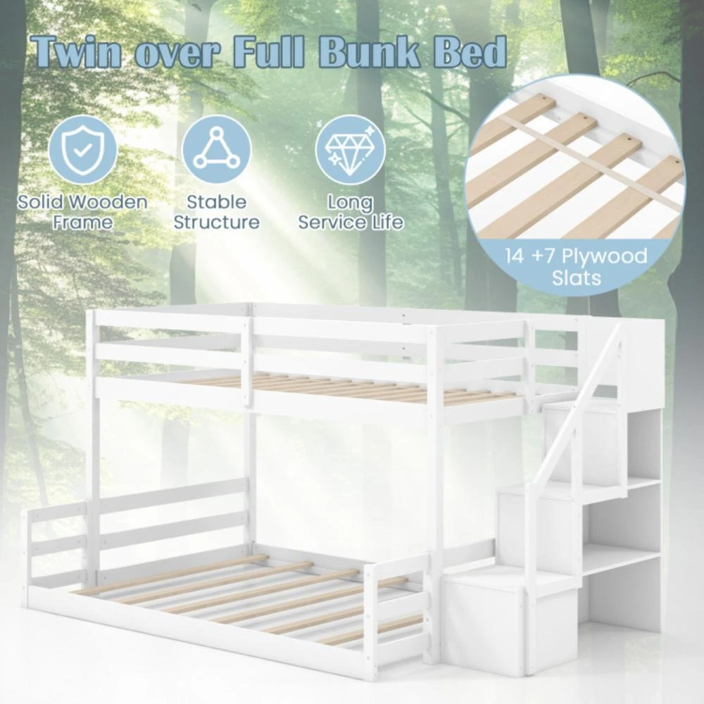 Hivvago Solid Wood Twin Over Full Low Bunk Bed with Storage Stairs-White 5