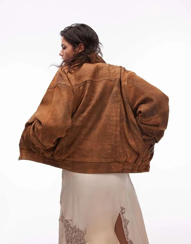 Topshop Topshop premium real suede oversized bomber jacket in tan 4