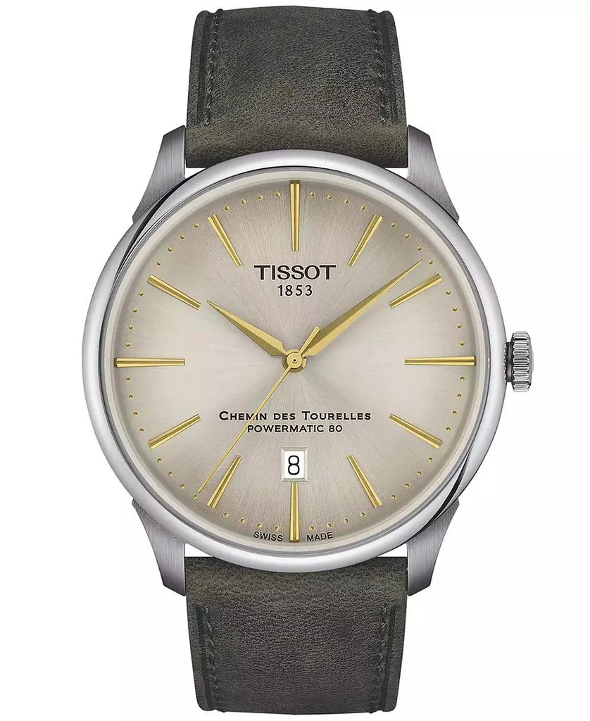 Tissot Men's Swiss Automatic Chemin des Tourelles Powermatic 80 Green Leather Strap Watch 42mm 1