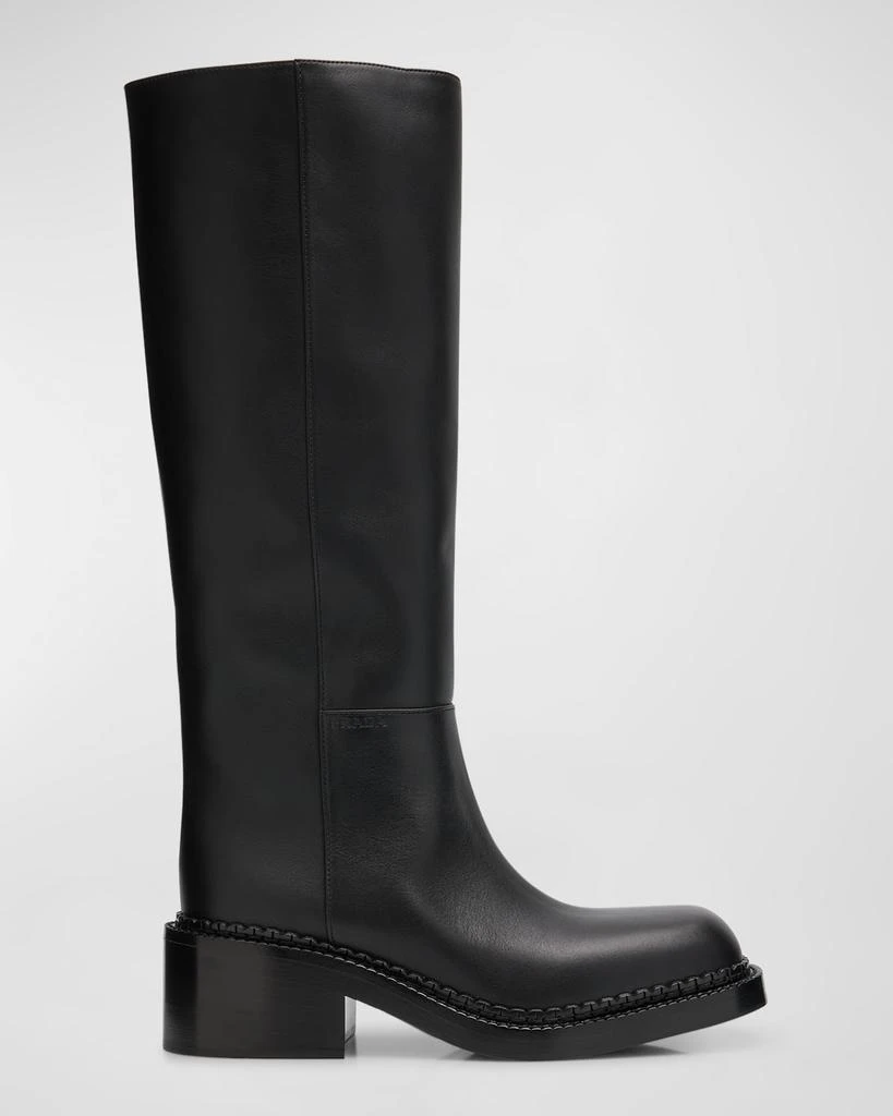 Prada Leather Square-Toe Tall Moto Boots 1