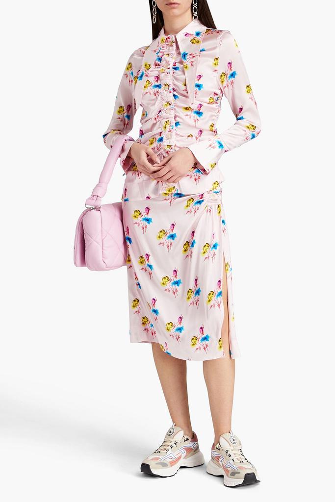 Ganni Ruched floral-print silk-blend satin midi wrap skirt