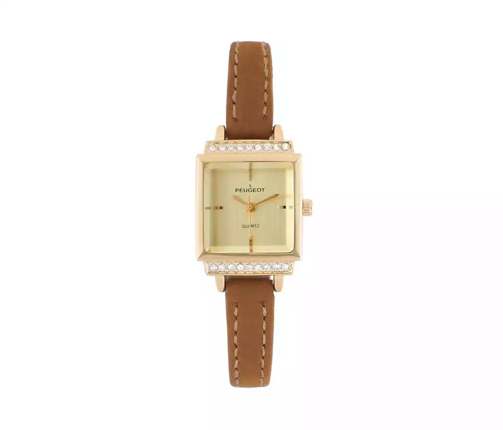 Peugeot Women's 22mm Crystal Watch Gold Dial & Tan Strap