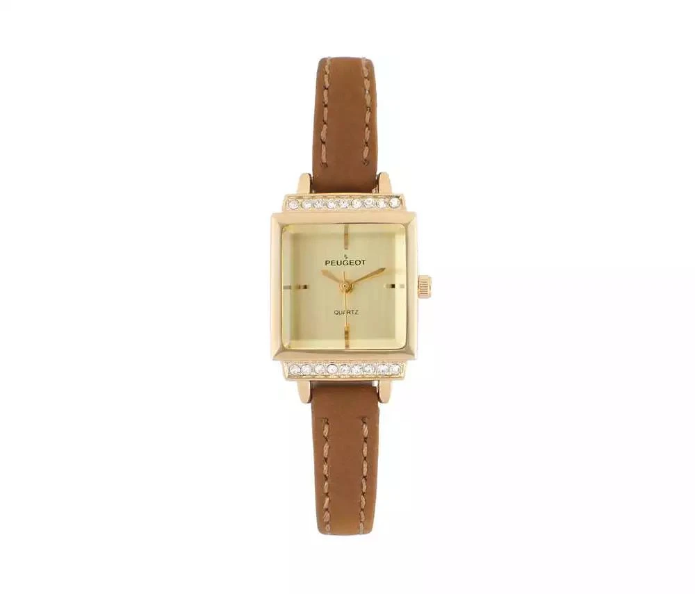 Peugeot Women's 22mm Crystal Watch Gold Dial & Tan Strap 1