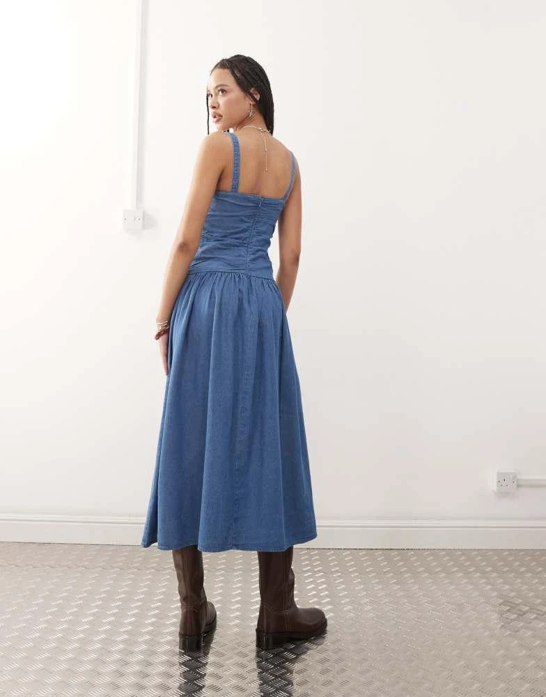 Shop Reclaimed Vintage dropped waist gathered detail midi denim dress in  authentic midwash blue - MBLUE on Sale at BeyondStyle  Get 61% Off  Reclaimed Vintage dropped waist gathered detail midi denim