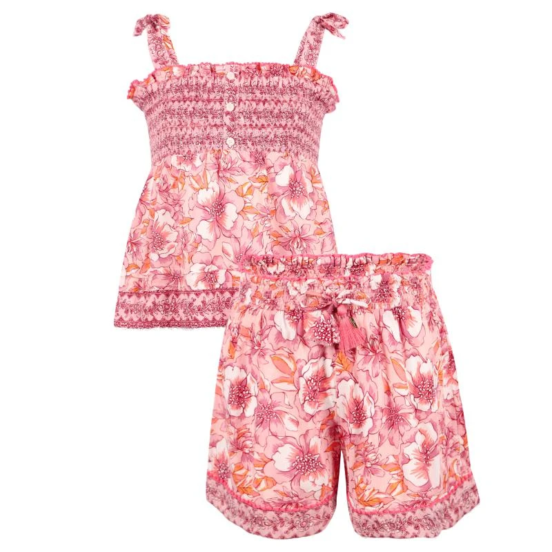 Poupette St Barth Rich floral print tie straps smocked top and shorts with tassel drawstring in pink 1