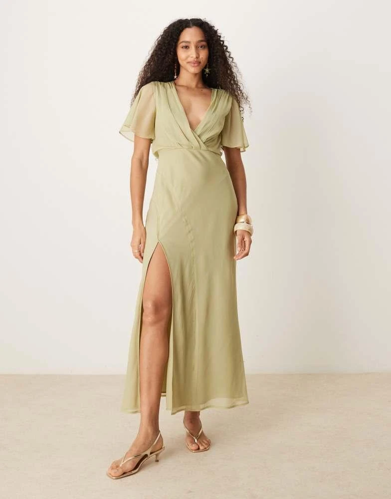 ASOS DESIGN angel sleeve wrap front midi dress with seaming details in  khaki  On Sale Now with Up to 71% Off | Discover Exclusive Deals & Savings  at BeyondStyle  Authentic