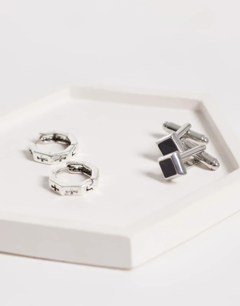 ASOS ASOS DESIGN hexagon hoop earrings with cut out cross details in silver 3