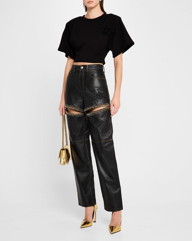 AREA Studded Slit Leather Straight-Leg Jeans
