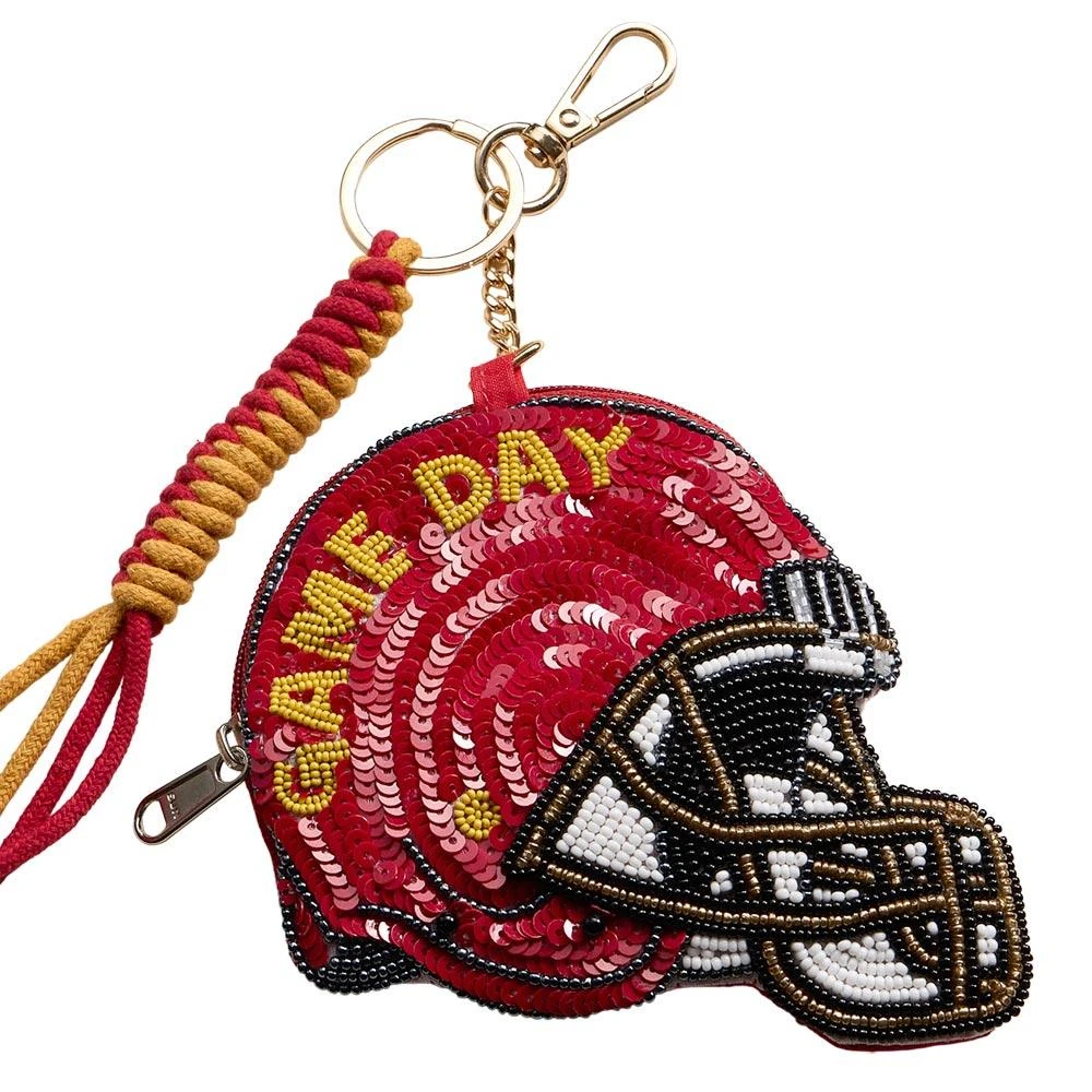 FASHNZFAB USC GAME DAY Football Helmet Sequin Seed Beaded Knot Keychain Mini Pouch Bag 2