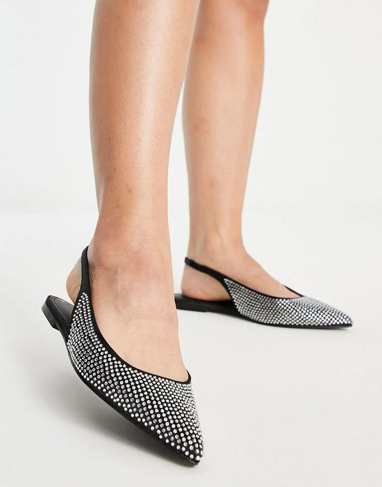 ASOS ASOS DESIGN Wide Fit Lala pointed slingback flats in black/silver diamante 3