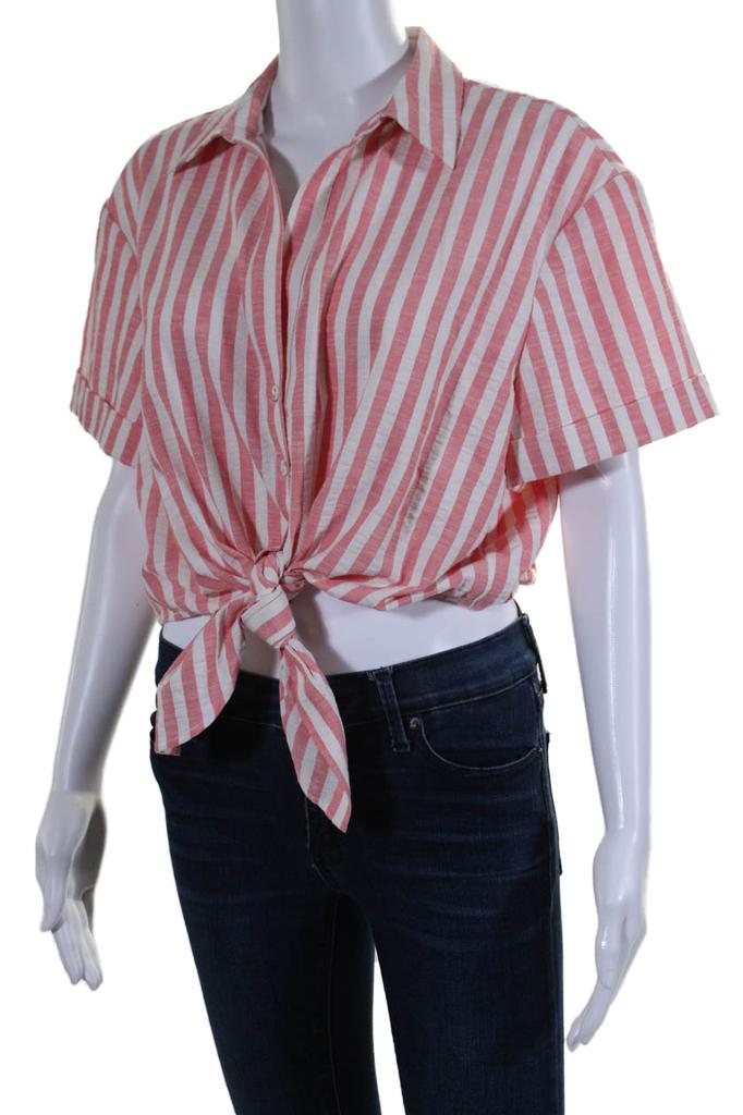 Cara Cara Womens Striped Collared Short Sleeve Button Up Blouse Top Pink