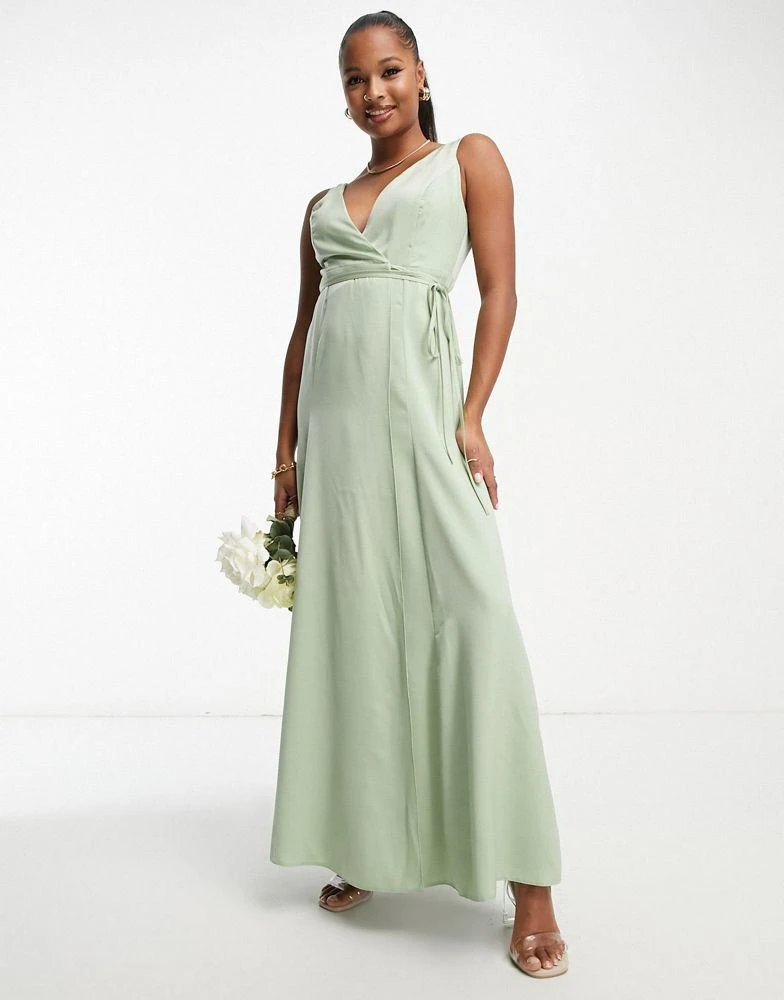 ASOS ASOS DESIGN Petite Bridesmaid satin wrap maxi dress with tie detail in sage 3