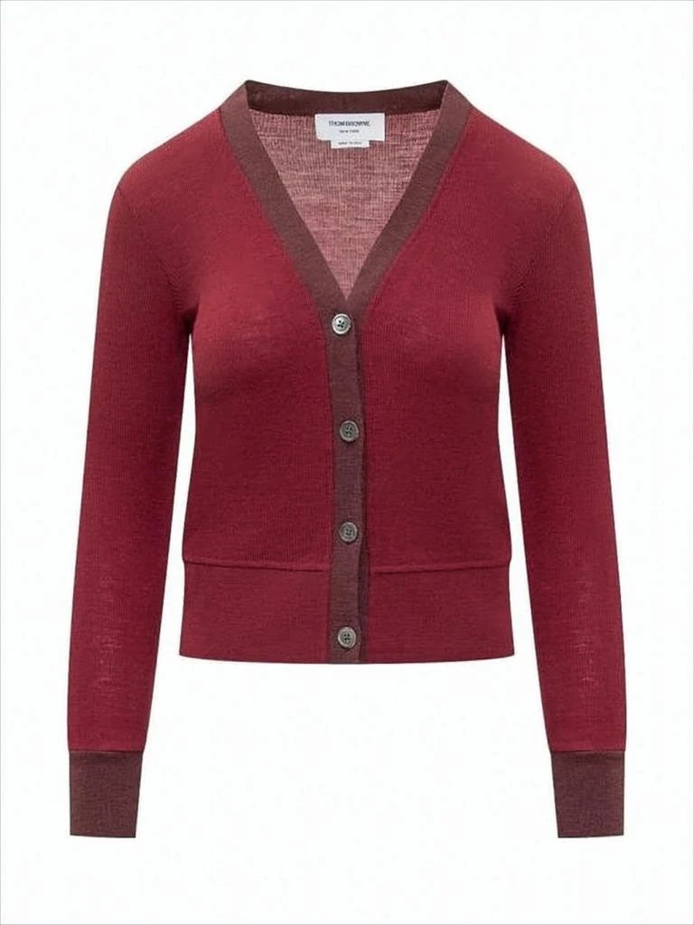 Thom Browne Cropped Burgundy Cardigan with Deep V-Neckline and Ribbed Details