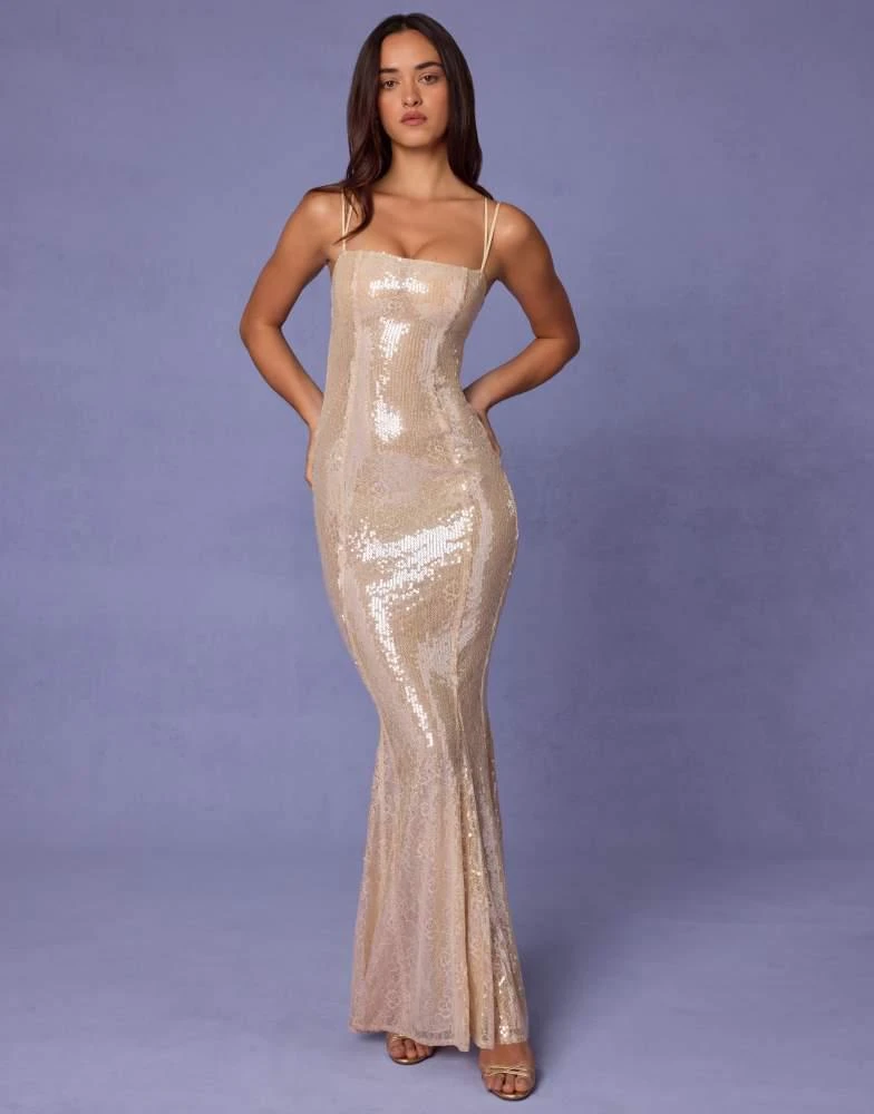 Embellished Square Neck Lace Gown in Pale Peach - 8 | Oh Polly