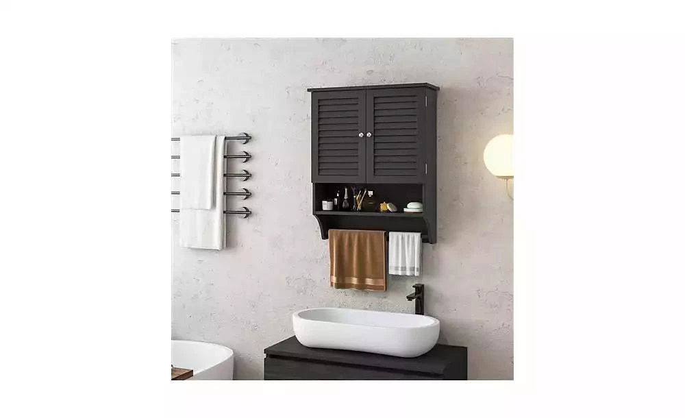 Slickblue Louvered Door Bathroom Medicine Cabinet with Towel Bar and Wall-Mounted Design 3
