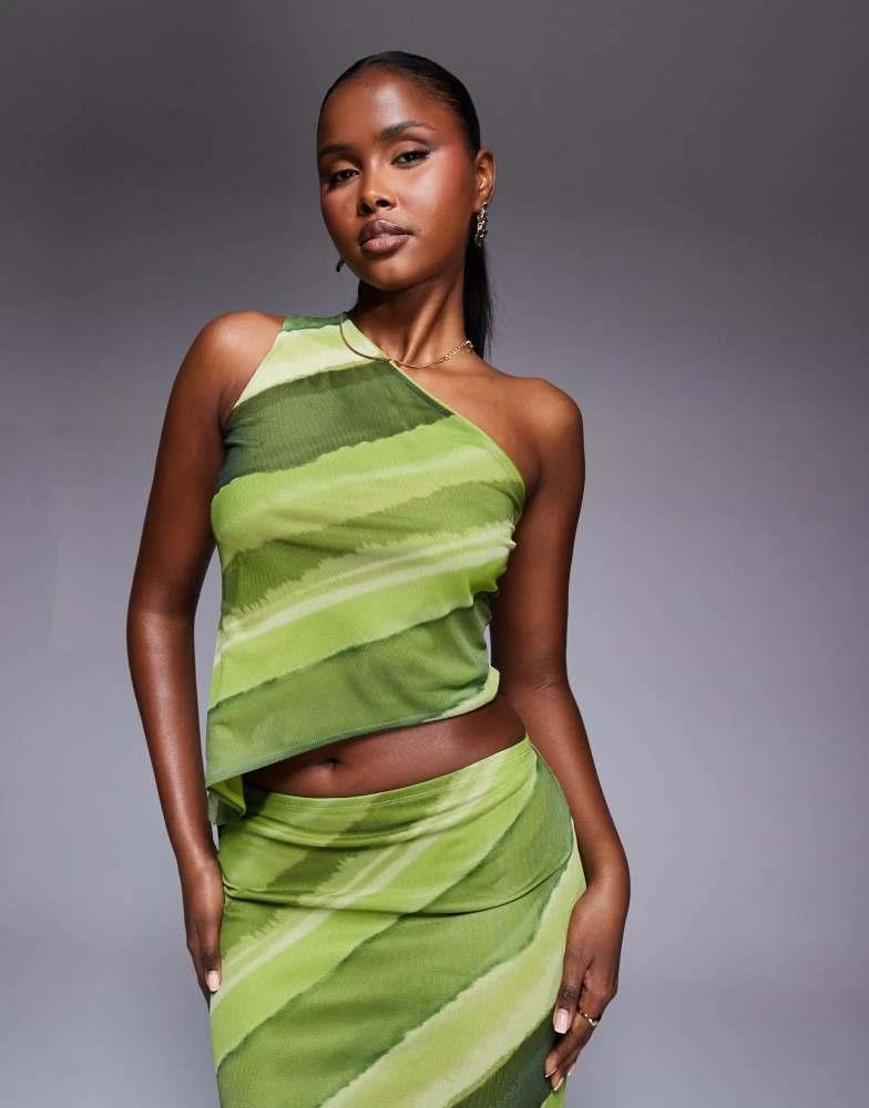 ASOS ASOS DESIGN co-ord mesh one shoulder asymmetric top in green abstract print