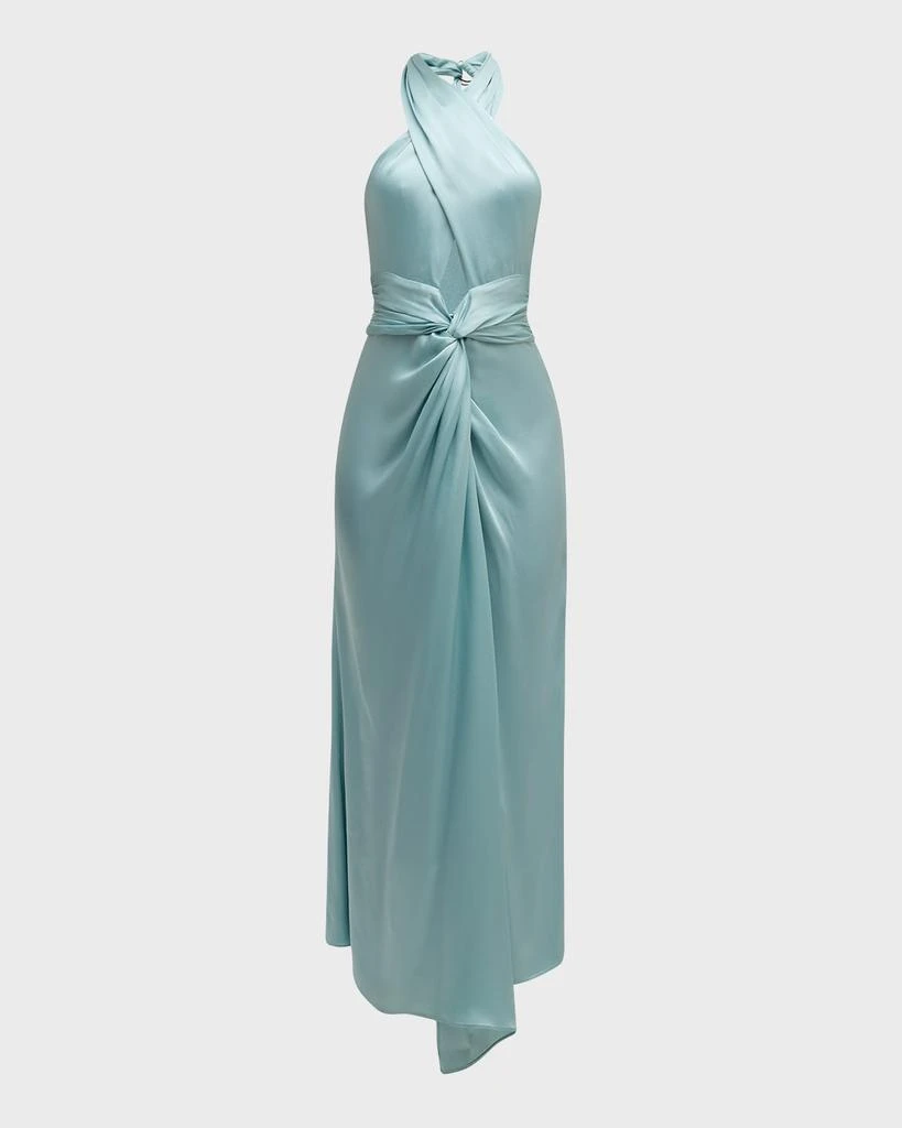 LAPOINTE Plunging Halter Draped Open-Back Satin Maxi Dress 1